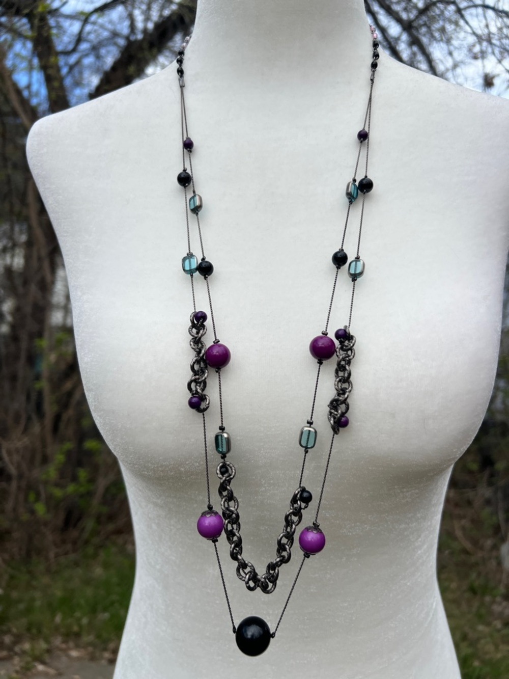 Long Layered Purple Bead & Black Chain Necklace - Women Jewelry